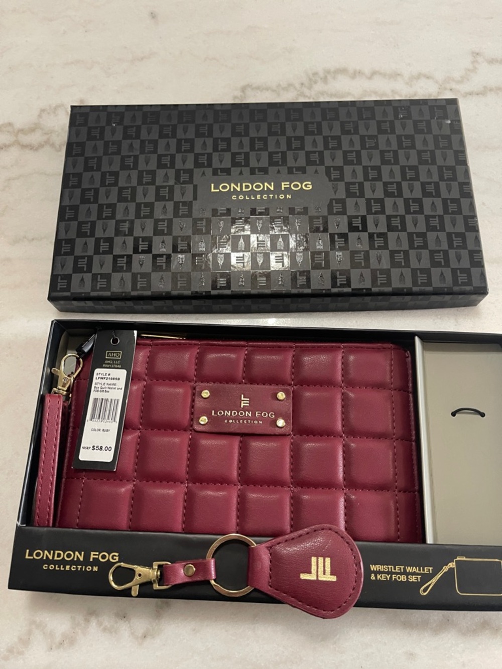 London Fog Quilted Burgundy Wristlet Clutch with Key Fob